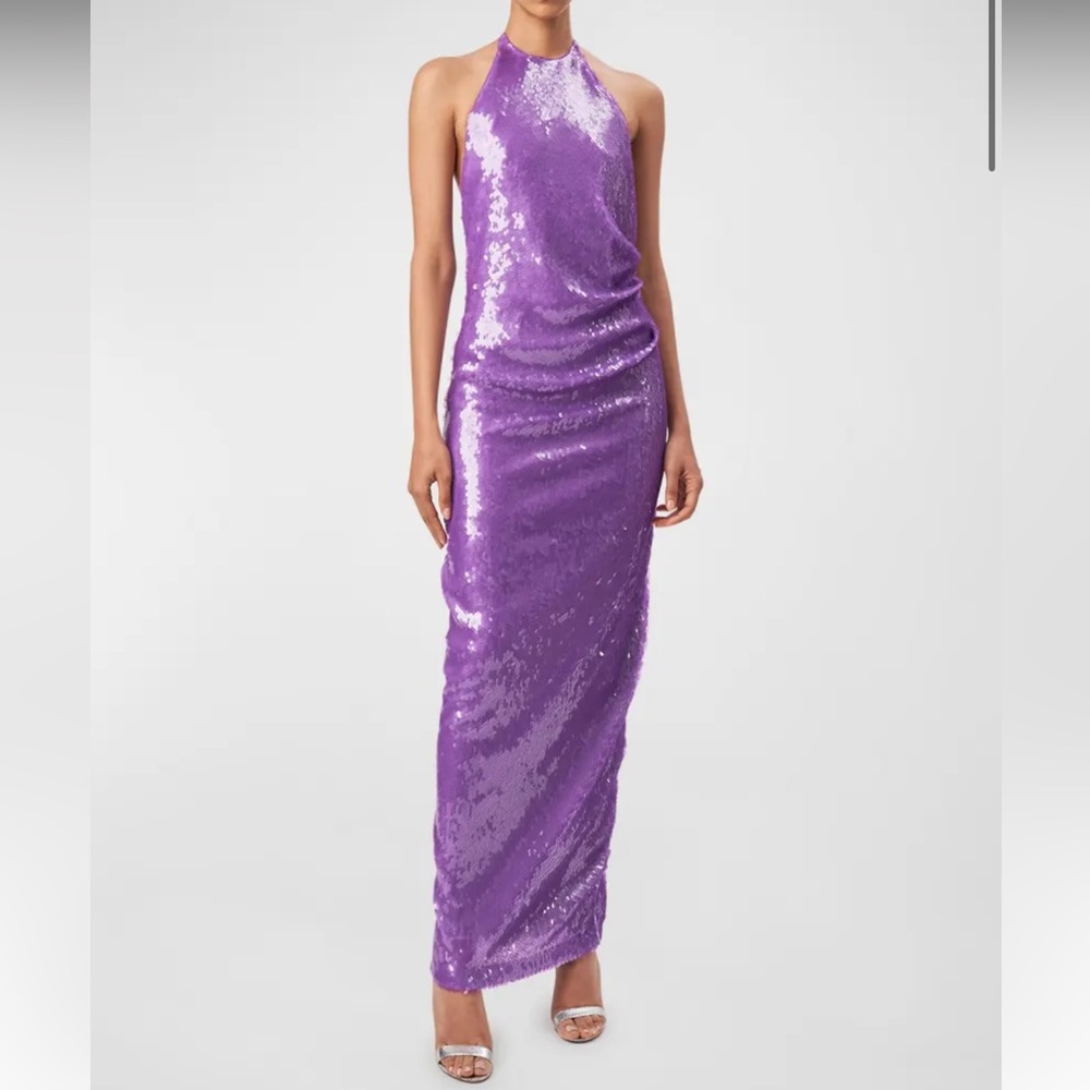 RONNY KOBO Halo Sequined Open-Back Halter Gown